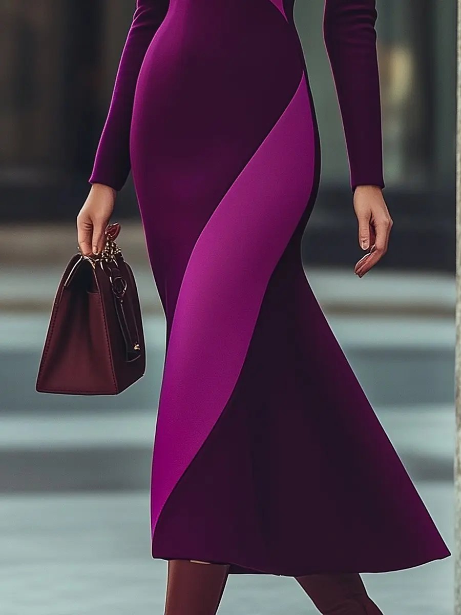 Elegant Plum & Lavender High-Neck Slim-Fit - Midi Dress CASA LARO