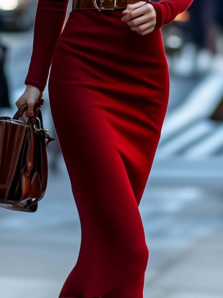 Elegant Red Ribbed Turtleneck Knit - Midi Dress CASA LARO