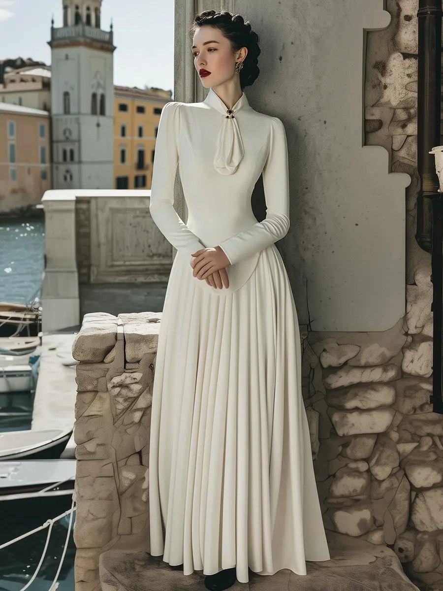 Elegant Scarf-Tie Collar Plain Maxi - Maxi Dress CASA LARO