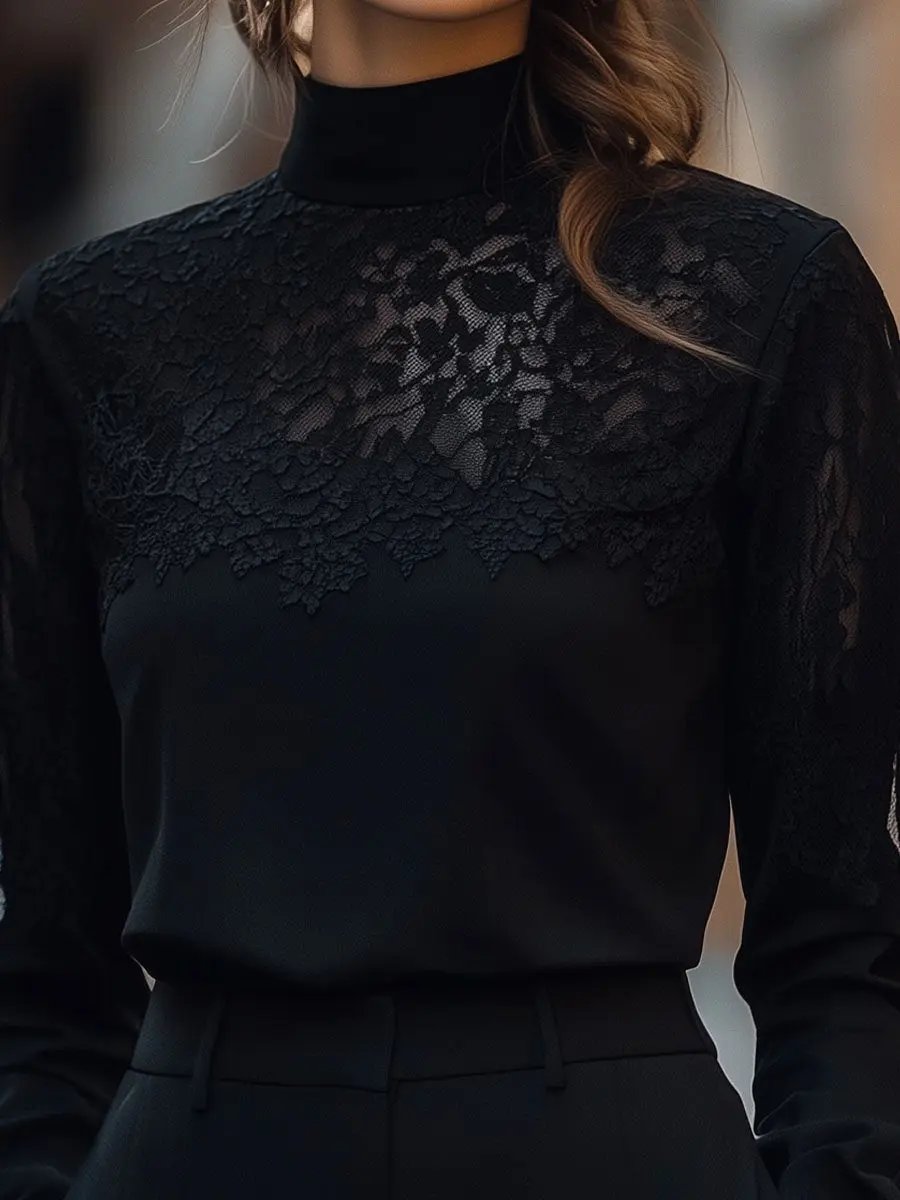 Elegant Sheer Lace Panel Long Sleeve - Blouse CASA LARO