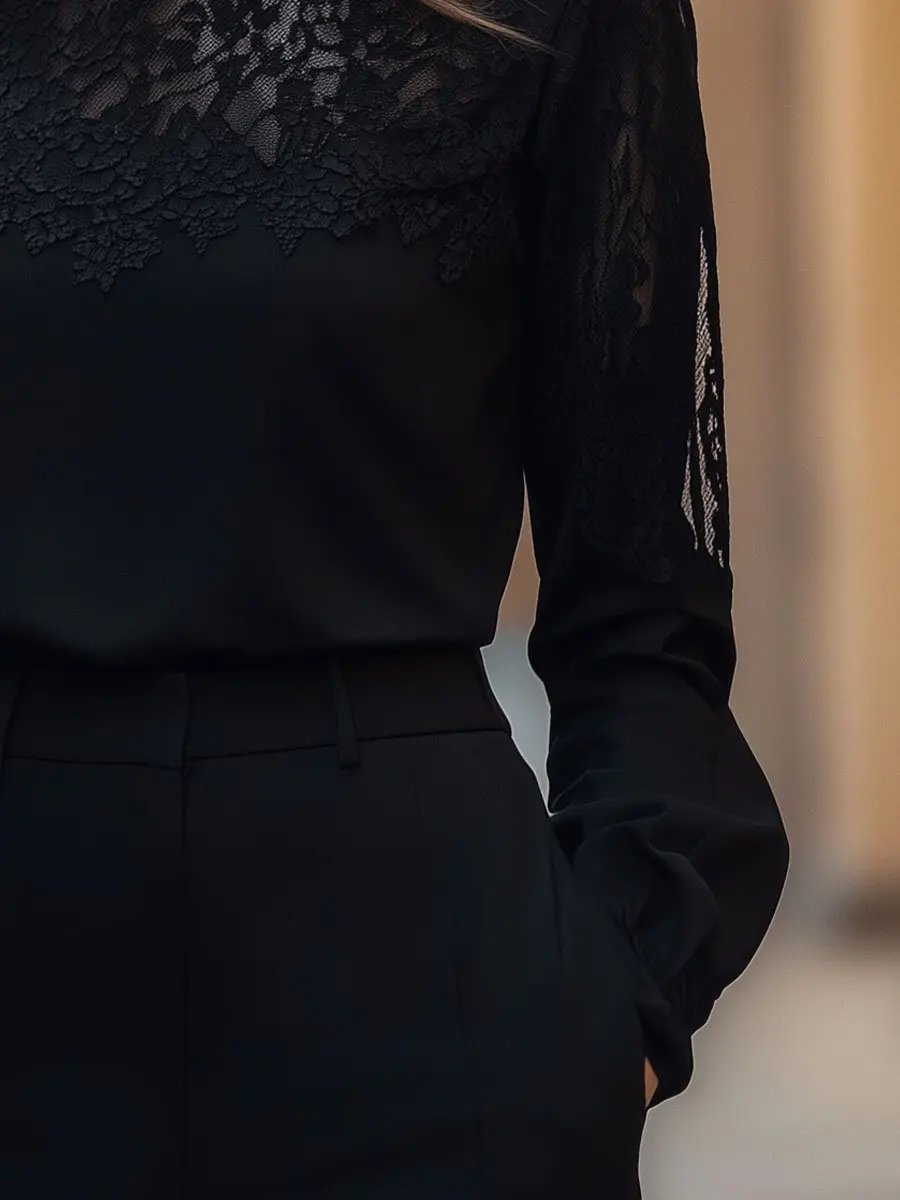 Elegant Sheer Lace Panel Long Sleeve - Blouse CASA LARO