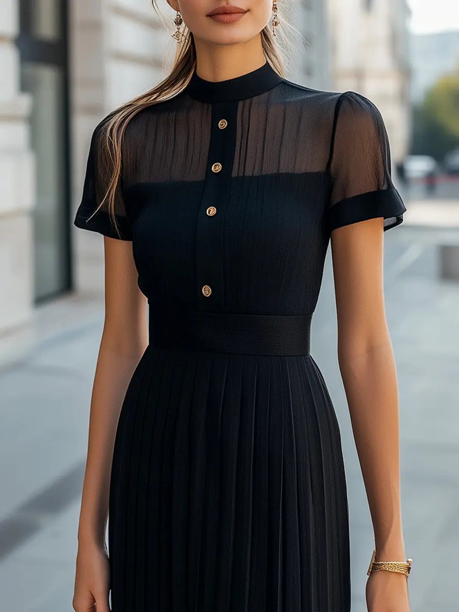 Elegant Sheer Pleated High-Neck Button-Up - Midi Dress CASA LARO