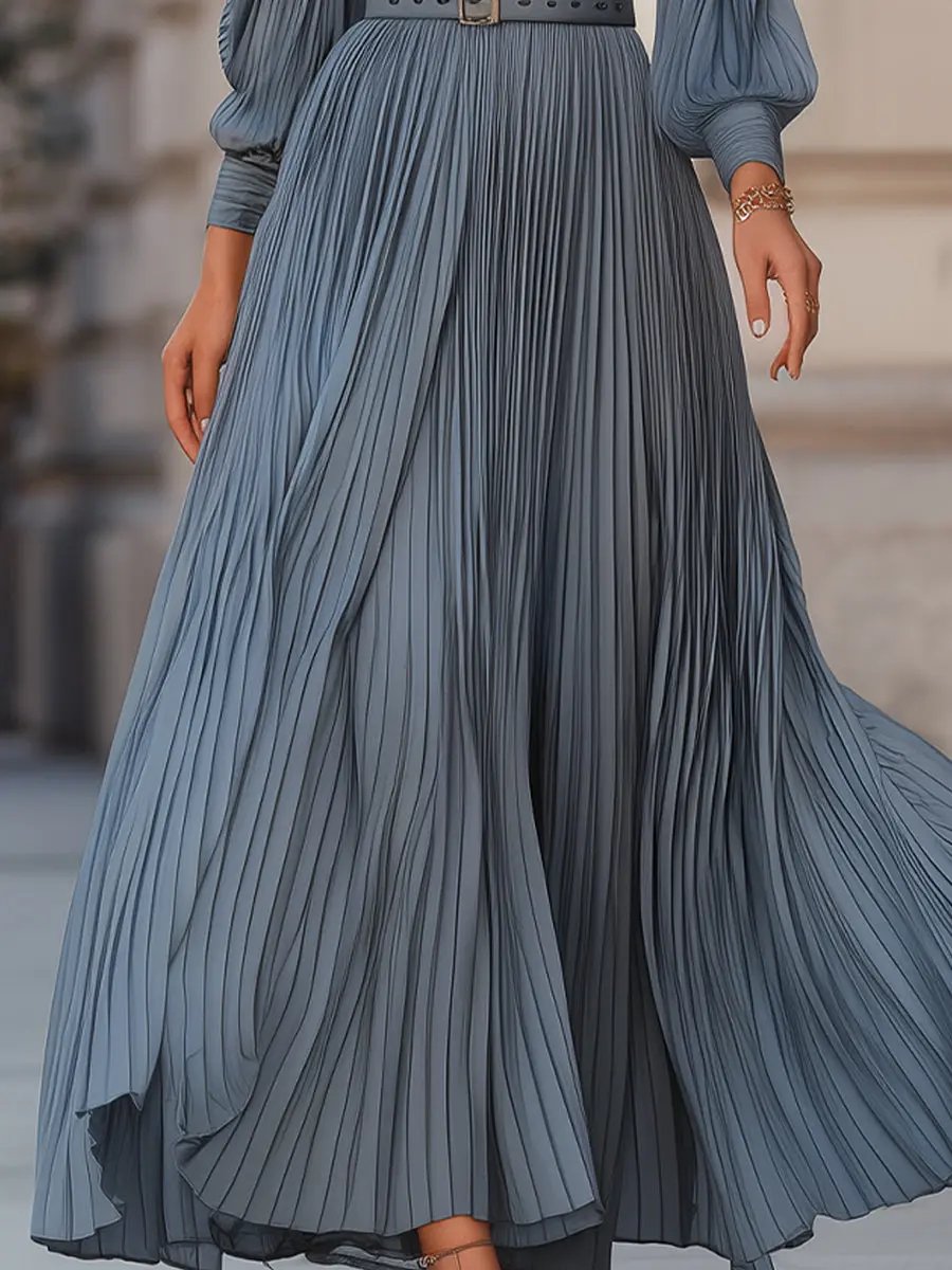 Elegant Steel Blue Pleated A-Line - Midi Dress CASA LARO