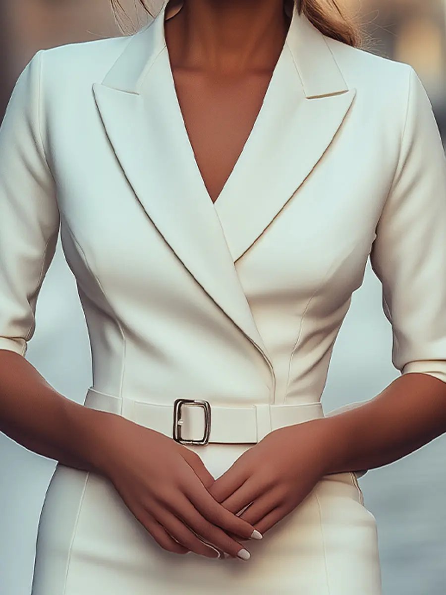 Elegant Tailored White Belted Blazer - Mini Dress CASA LARO