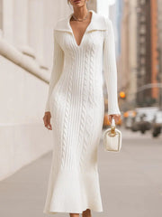 Elegant White Cable-Knit Sweater Style - Midi Dress CASA LARO