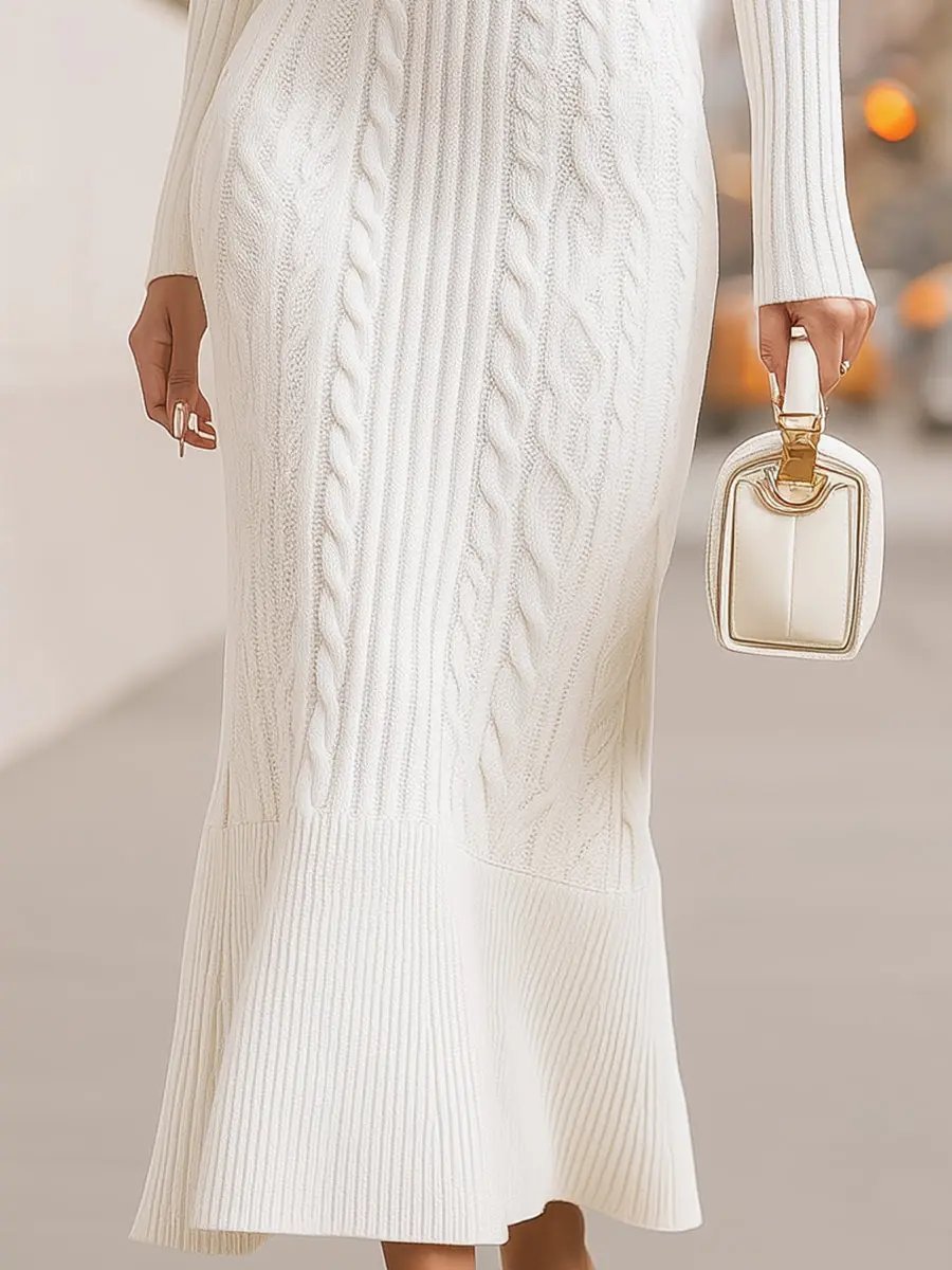Elegant White Cable-Knit Sweater Style - Midi Dress CASA LARO