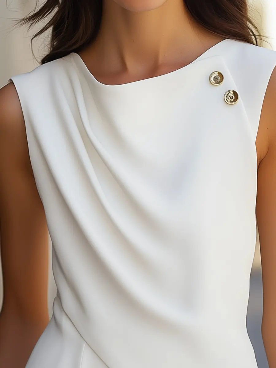 Elegant White Draped Button-Detail - Blouse CASA LARO