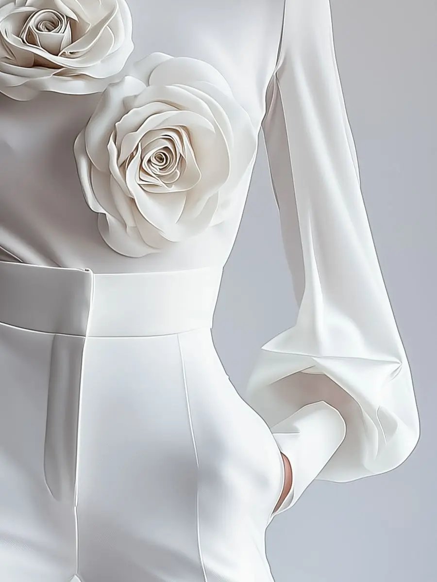 Elegant White High-Neck 3D Floral Detail - Blouse CASA LARO