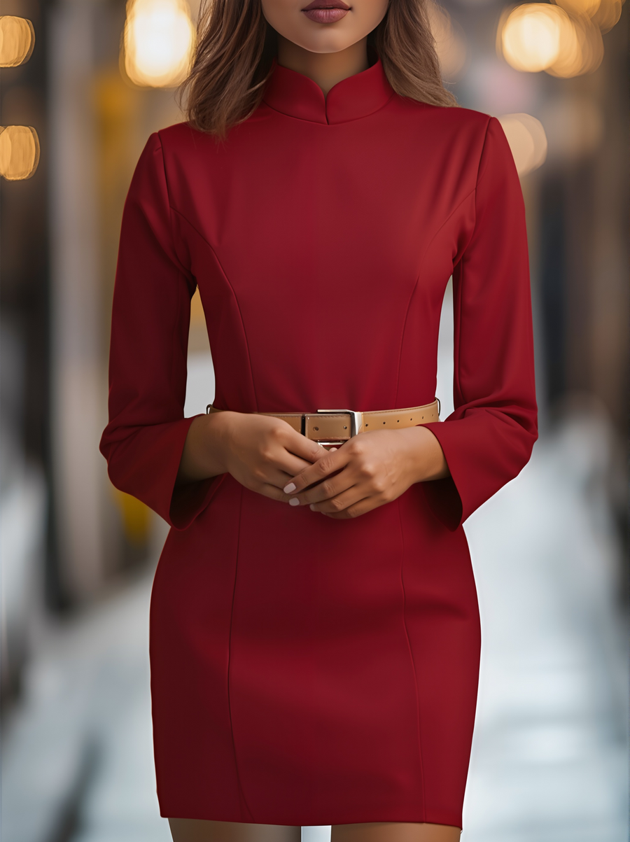 Elegant White Mandarin Collar Belted - Midi Dress CAAYWORLD