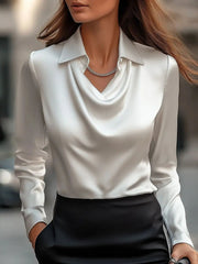 Elegant White Satin Draped Neckline - Women's Blouse CASA LARO