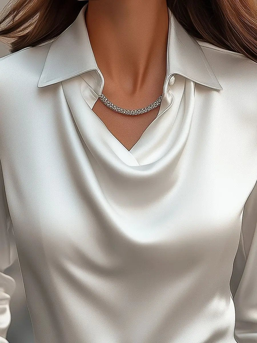 Elegant White Satin Draped Neckline - Women's Blouse CASA LARO