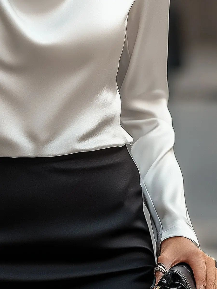 Elegant White Satin Draped Neckline - Women's Blouse CASA LARO