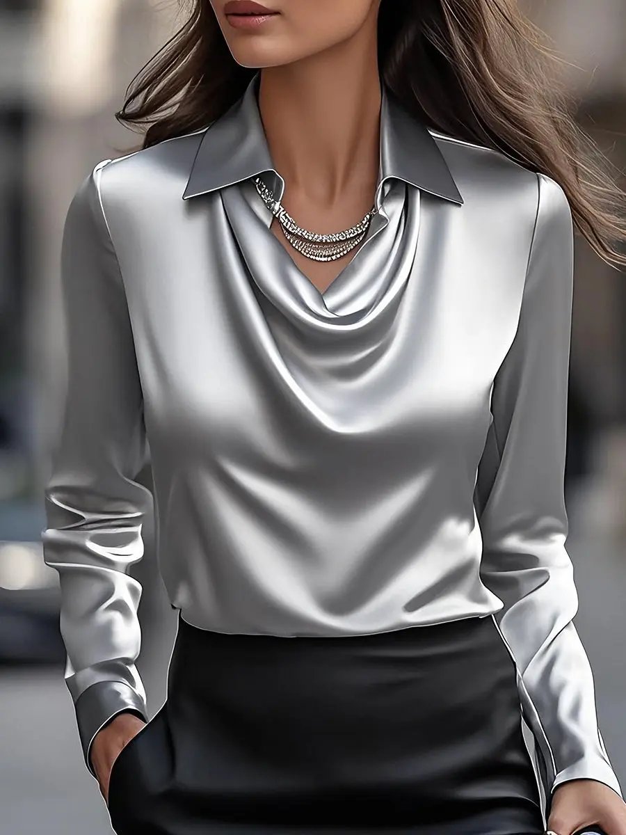 Elegant White Satin Draped Neckline - Women's Blouse CASA LARO