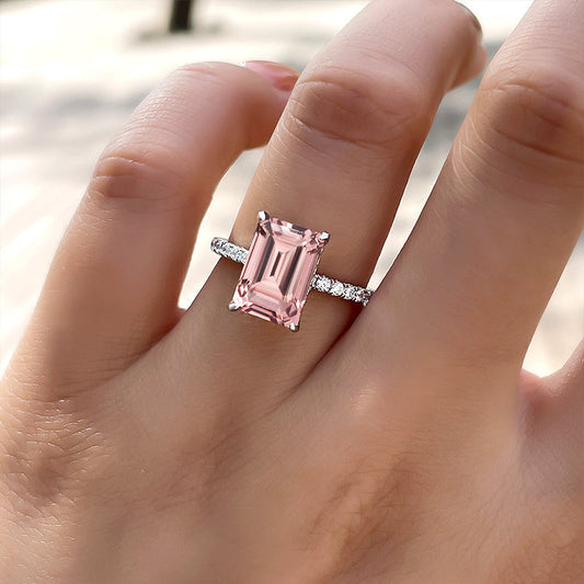 Hidden Halo Emerald Cut Morganite Pink Engagement Ring In Sterling Silver Shineofdiamond