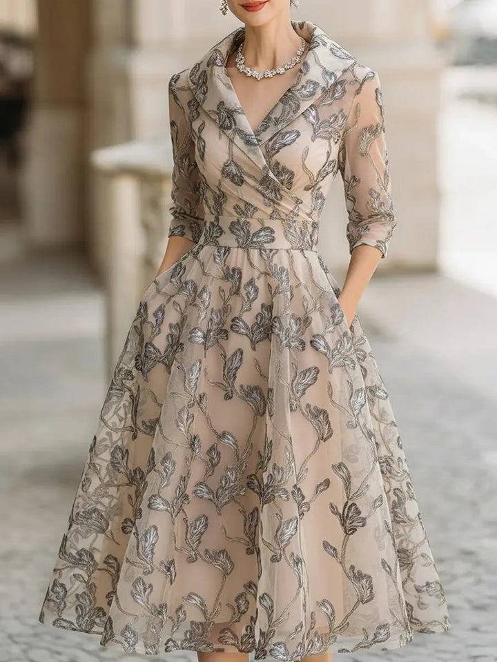 Embroidered Metallic Leaf Mesh Midi Dress - Midi Dress CASA LARO