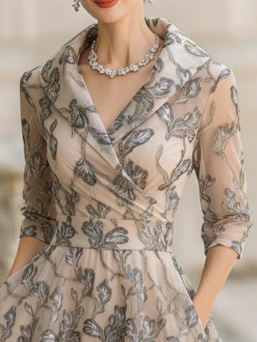 Embroidered Metallic Leaf Mesh Midi Dress - Midi Dress CASA LARO