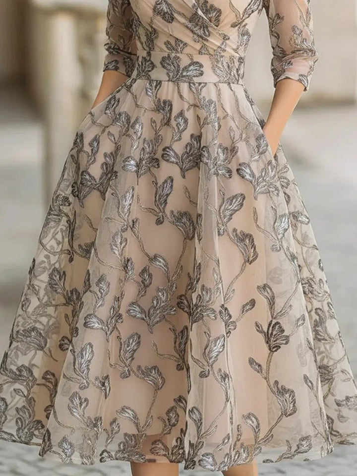 Embroidered Metallic Leaf Mesh Midi Dress - Midi Dress CASA LARO