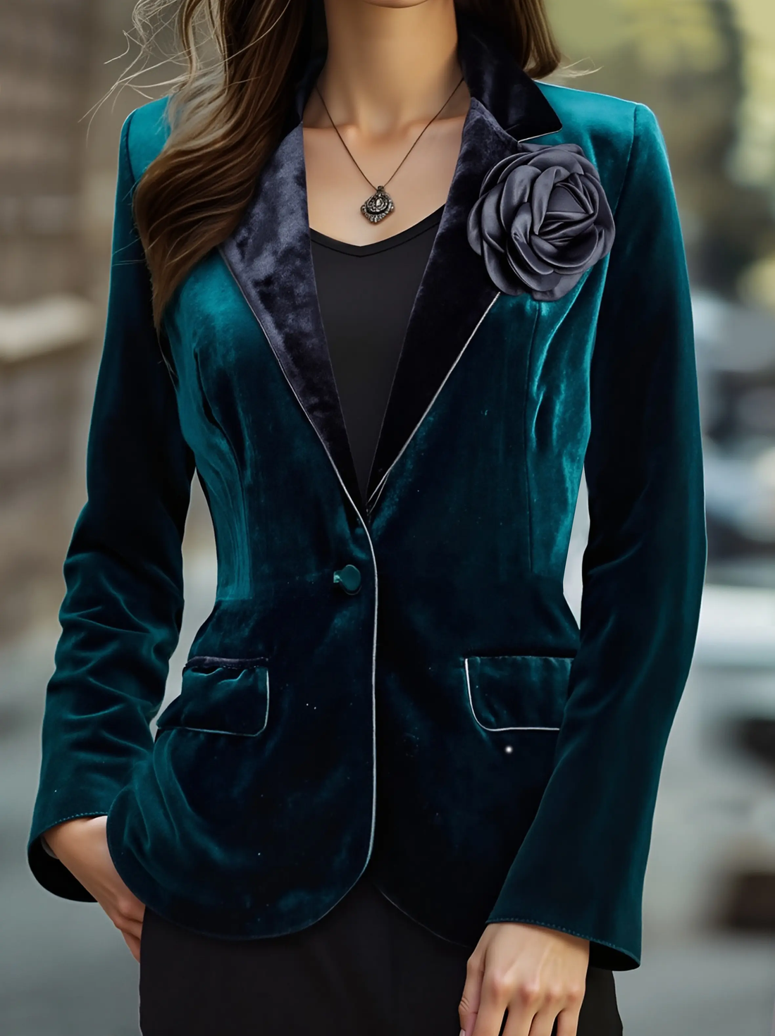 Emerald Velvet with Satin Lapels & Rose Embroidery - Blazer CASA LARO