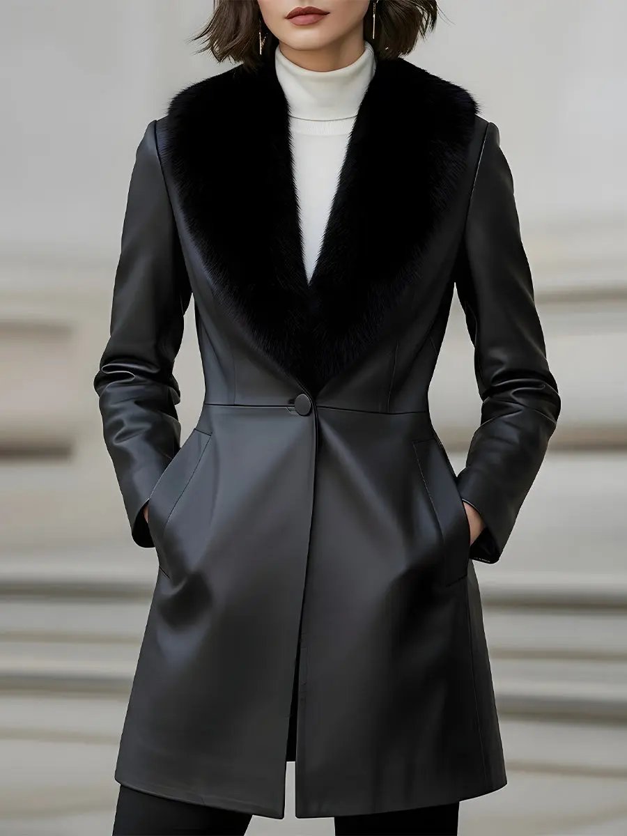 Faux Leather Shawl-Collar with Faux Fur Trim - Coat CASA LARO