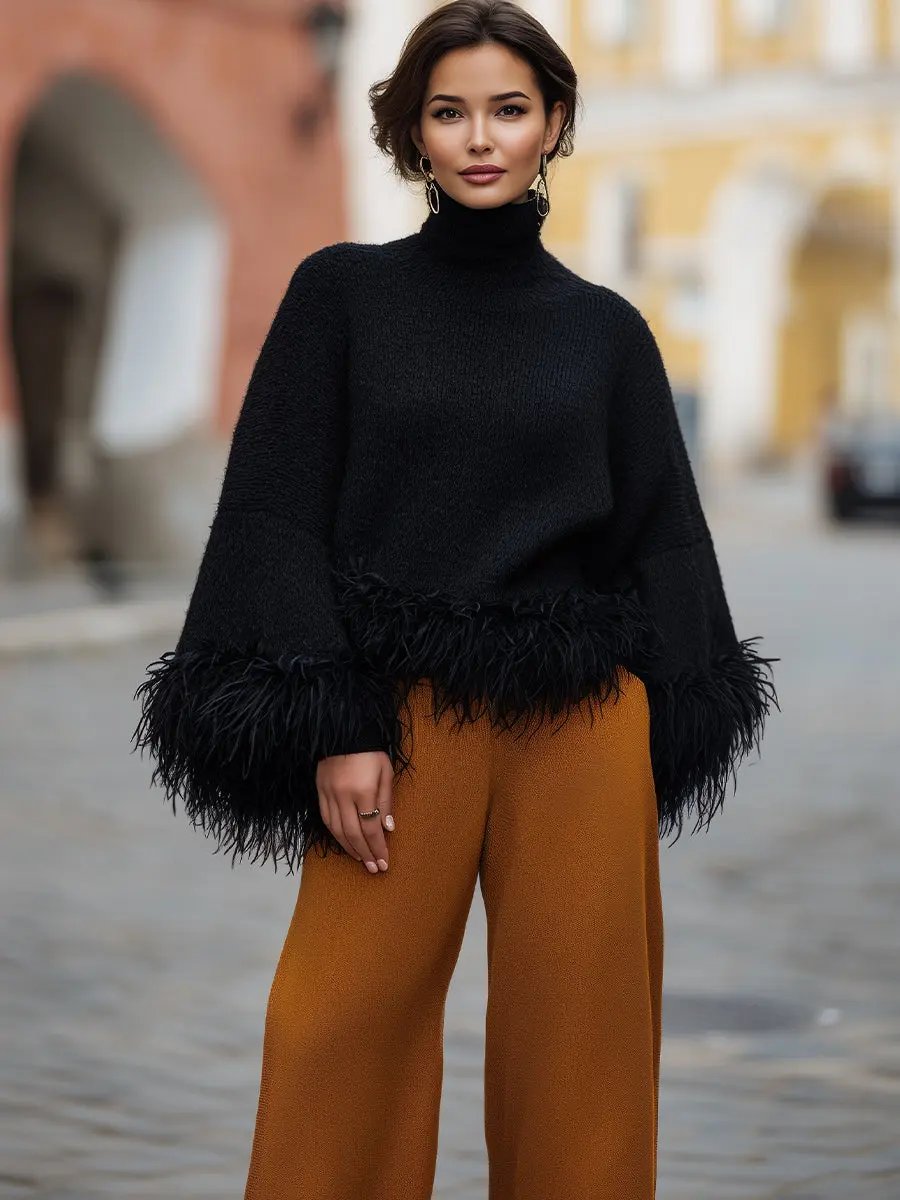 Feather-Trim Turtleneck Knit - Sweater CASA LARO