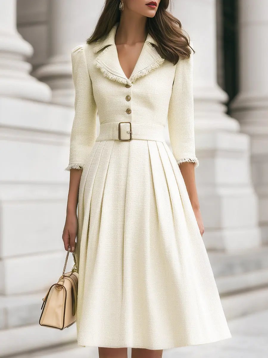 Fringed-Trim Tweed Belted Dress - Midi Dress CASA LARO