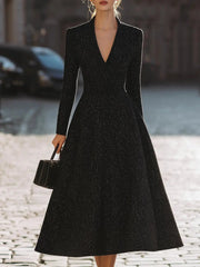 Glam Black Sequin V-Neck Evening - Midi Dress CASA LARO
