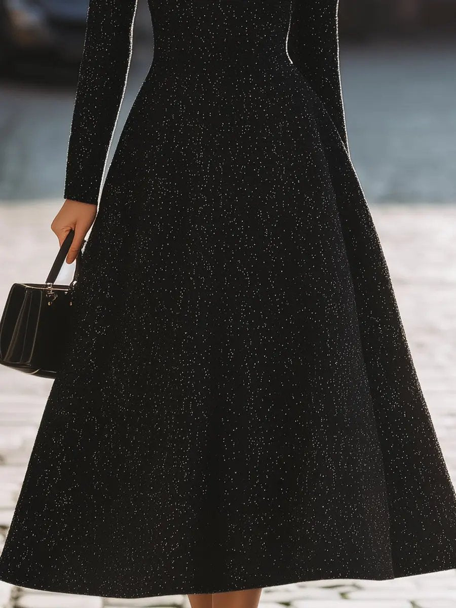 Glam Black Sequin V-Neck Evening - Midi Dress CASA LARO