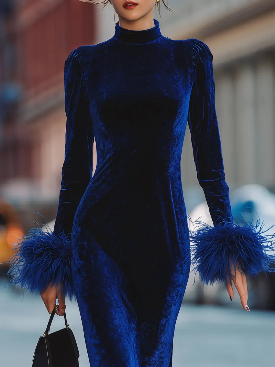 Glamorous Royal Blue Velvet Feather-Trim Party Dress - Mini Dress CASA LARO