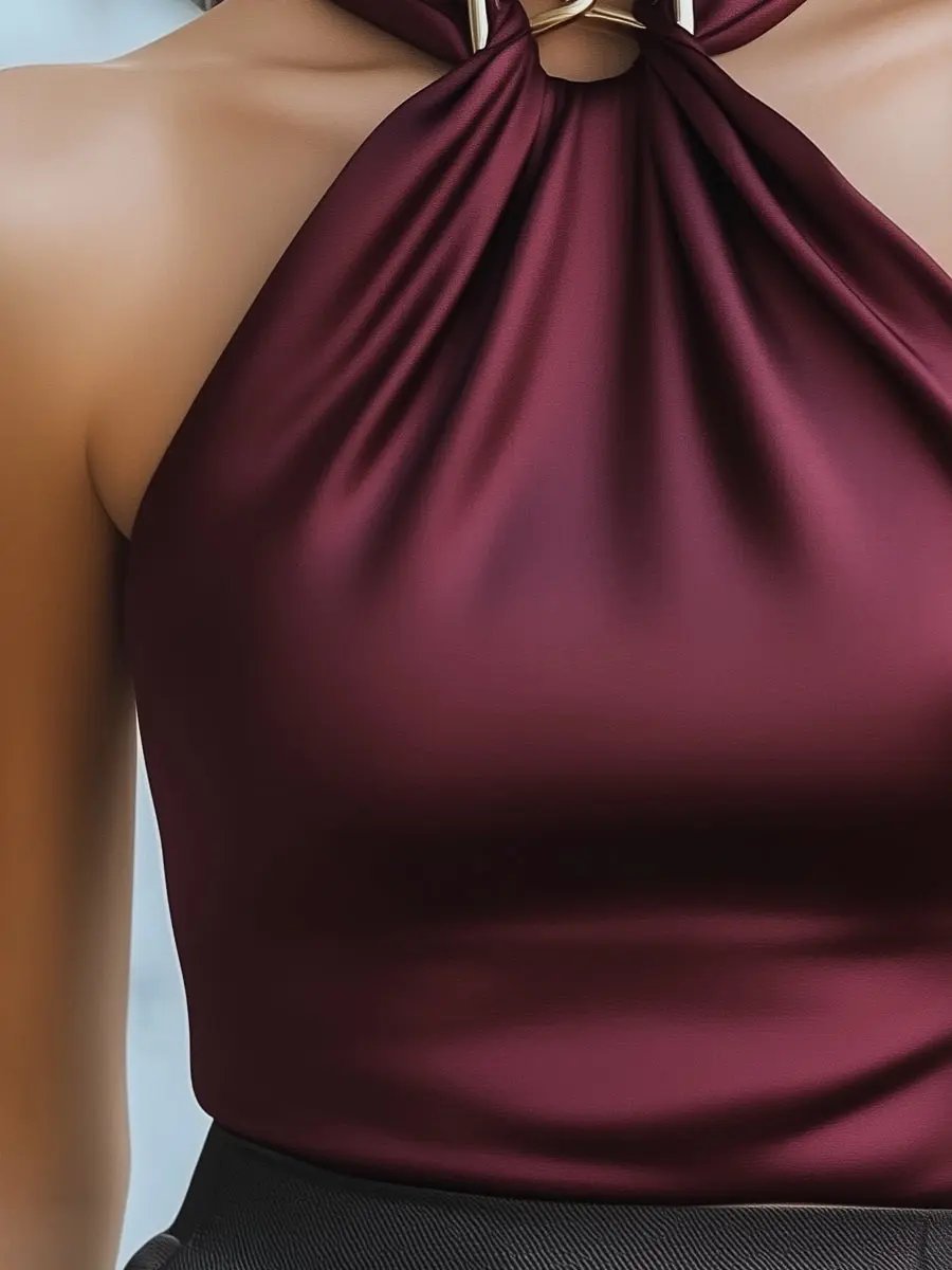 Glossy Halter Sleeveless Gold-Chain Accent - Satin Blouse CASA LARO