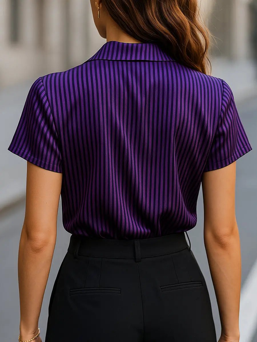 Glossy Satin Stripe Short-Sleeve, Wide Collar - Blouse CASA LARO