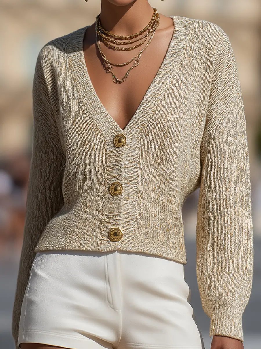 Gold-Thread Knit Button-Front Champagne Beige - Cardigan CASA LARO