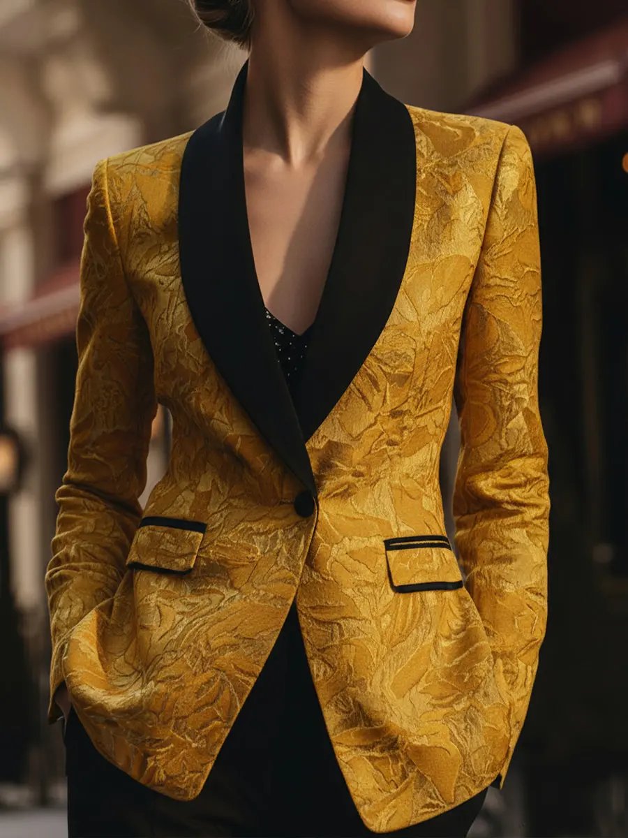 Golden Jacquard with Black Contrast Lapel - Tailored Blazer CASA LARO