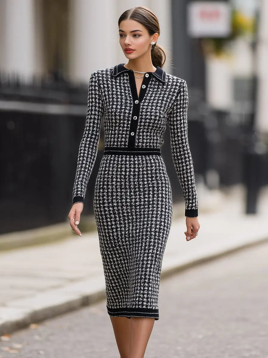 Houndstooth Knit With Contrast Collar - Midi Dress CASA LARO
