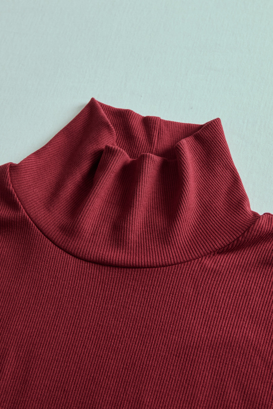 Burgundy Ribbed Turtleneck Mini Dress with Balloon Sleeves HWT