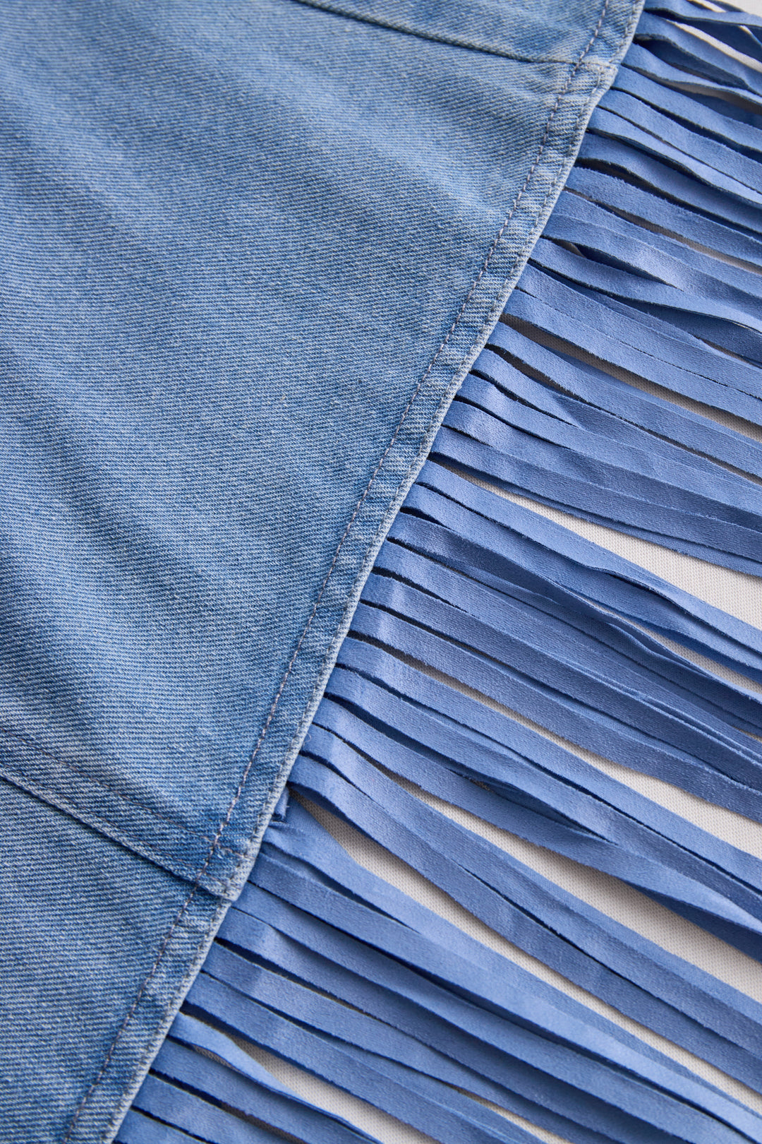 Stylish Denim Two-Piece Set With Asymmetrical Top And Fringed Skirt HWT