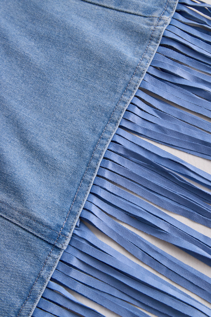 Stylish Denim Two-Piece Set With Asymmetrical Top And Fringed Skirt HWT