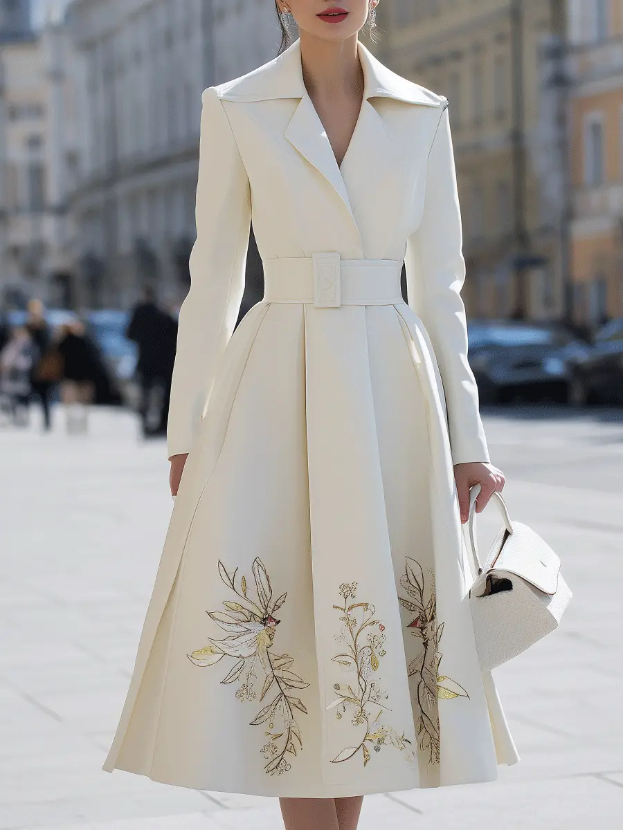 Ivory Belted Floral-Embroidered Trench - Coat Dress CASA LARO