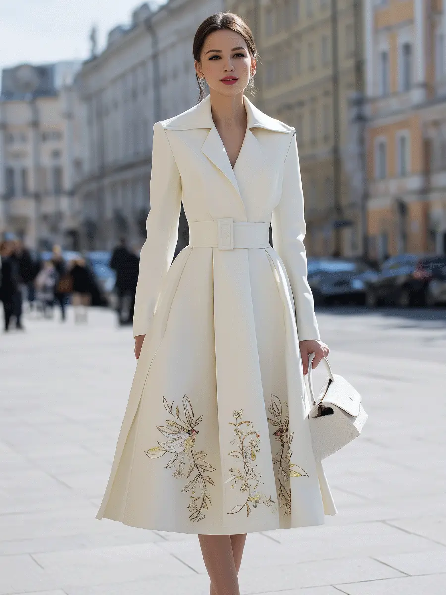 Ivory Belted Floral-Embroidered Trench - Coat Dress CASA LARO