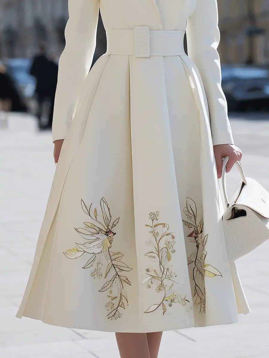 Ivory Belted Floral-Embroidered Trench - Coat Dress CASA LARO