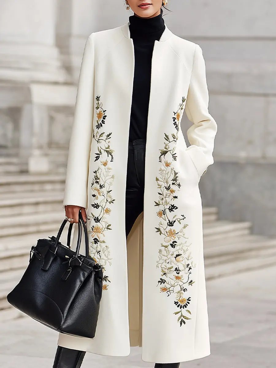 Ivory Embroidered Longline Silhouette - Longline Coat CASA LARO