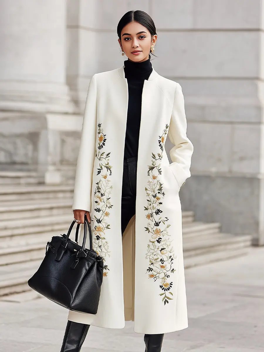 Ivory Embroidered Longline Silhouette - Longline Coat CASA LARO