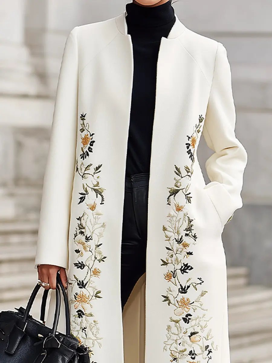 Ivory Embroidered Longline Silhouette - Longline Coat CASA LARO