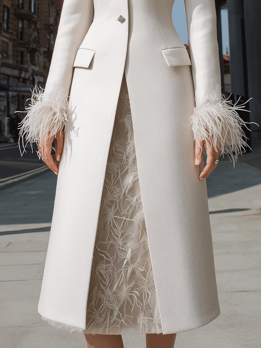 Ivory Feather-Cuff Embellished Longline Coat-Dress - Maxi Dress CASA LARO