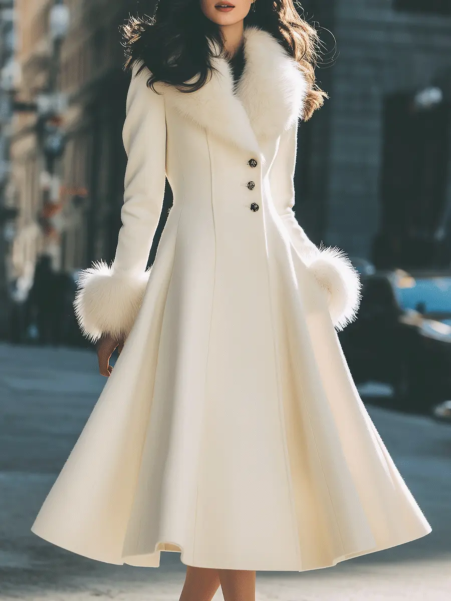 Ivory Flared Coat with Faux Fur Collar & Cuffs - Coat CASA LARO