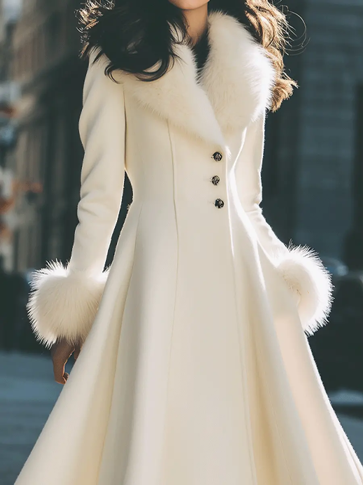 Ivory Flared Coat with Faux Fur Collar & Cuffs - Coat CASA LARO