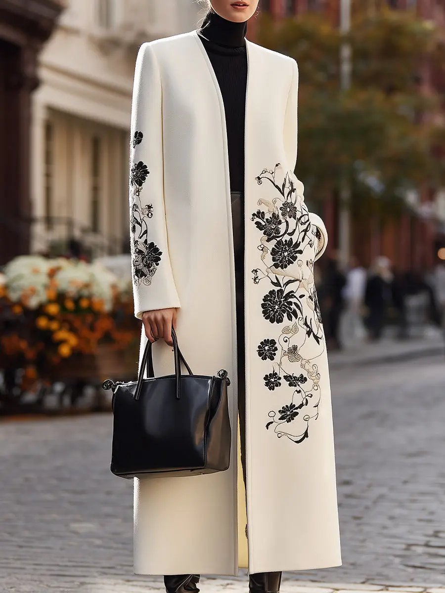 Ivory Floral-Embroidered Longline Coat - Longline Coat CASA LARO