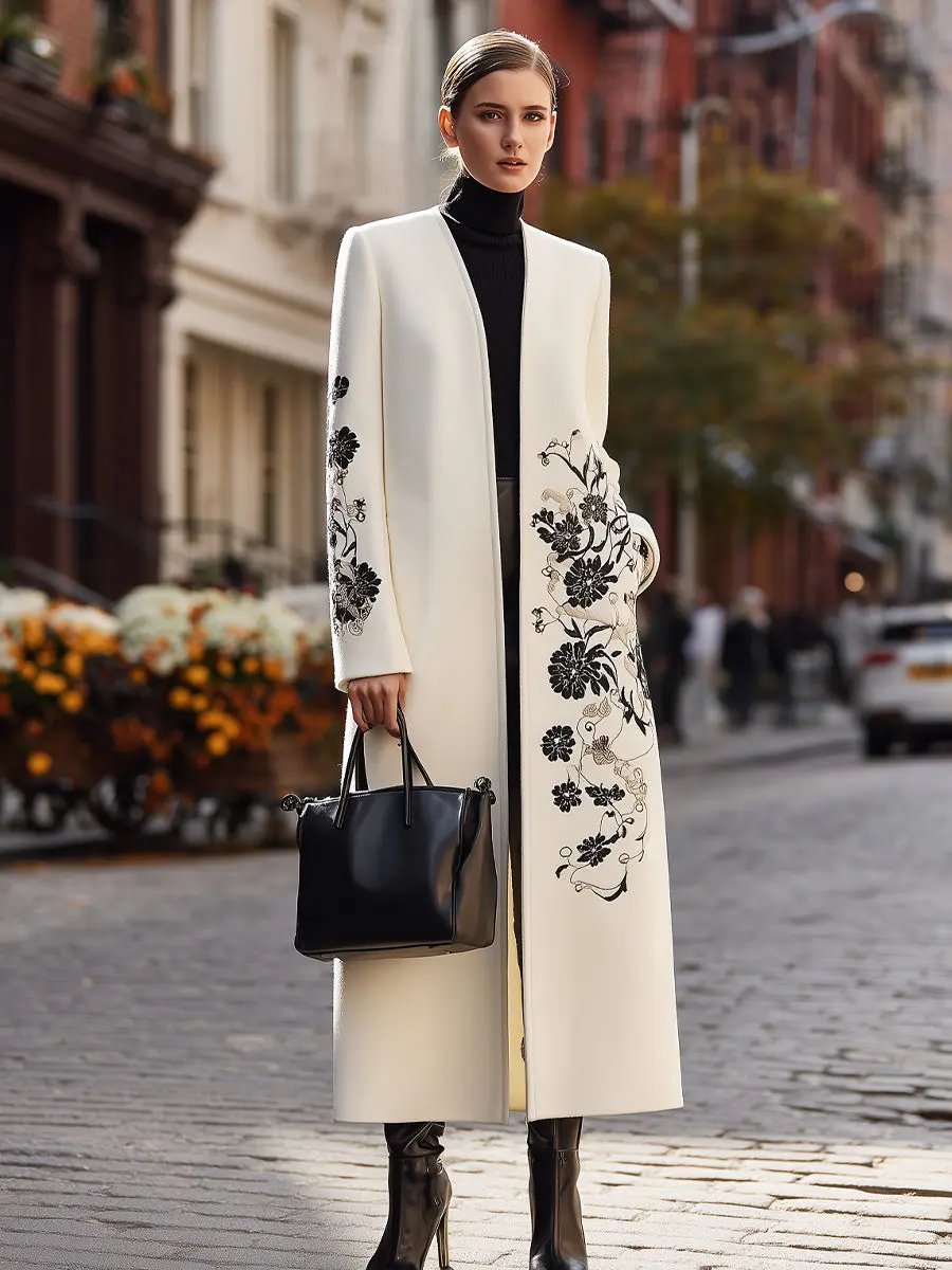 Ivory Floral-Embroidered Longline Coat - Longline Coat CASA LARO