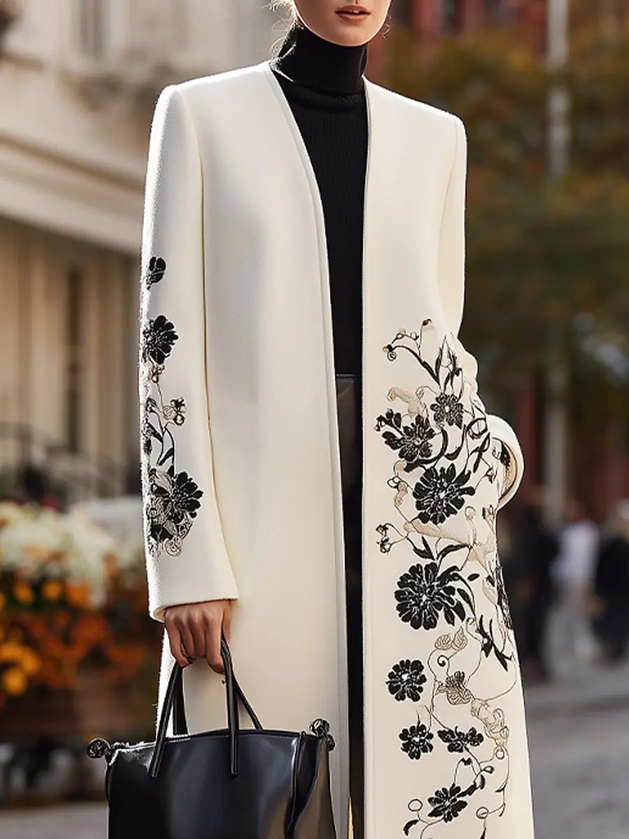 Ivory Floral-Embroidered Longline Coat - Longline Coat CASA LARO
