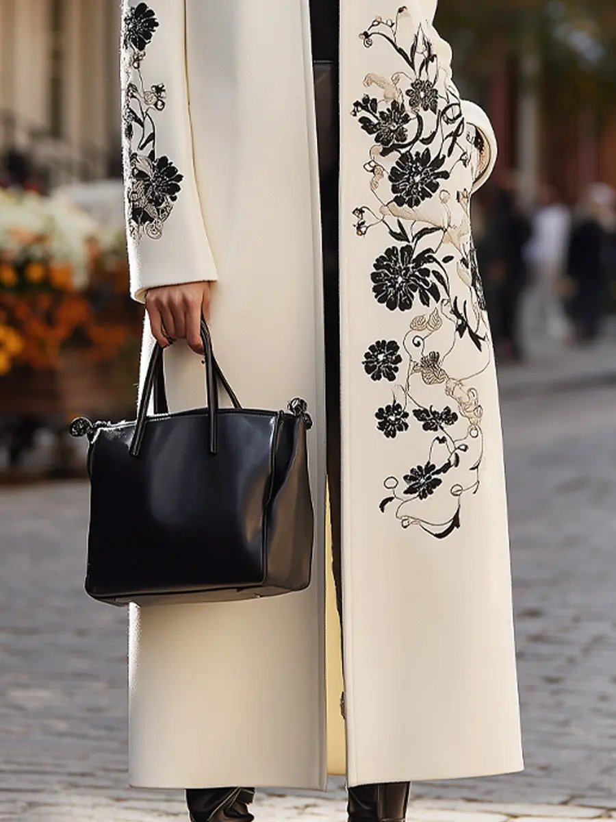 Ivory Floral-Embroidered Longline Coat - Longline Coat CASA LARO