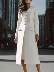 Ivory Longline Coat with Textured Contrast Panel & Silver Buttons - Coat CASA LARO